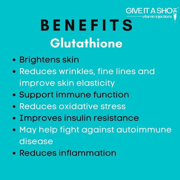 A blue and white graphic with the benefits of glutathione.