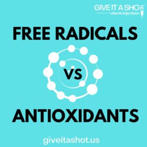 A blue background with the words free radicals vs antioxidants in white.