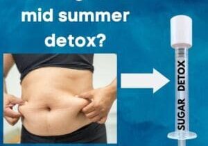 A picture of someone 's stomach with the words " looking for a mid summer detox ?" underneath.