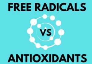 A blue background with the words free radicals vs antioxidants in white.